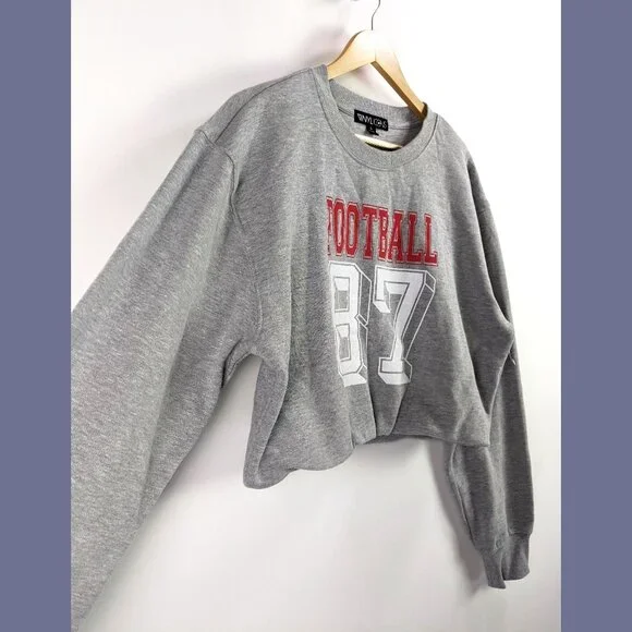 The Vinyl Icons Size L Womens Long Sleeve Gray Football Bubble Hem Crop Top - Picture 2 of 6